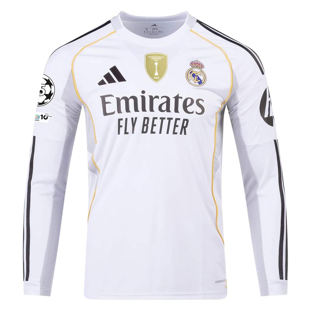 adidas Real Madrid Tchouameni Long Sleeve Home Jersey w/ Intercontinental + Champions League Patches 25/26 (White)