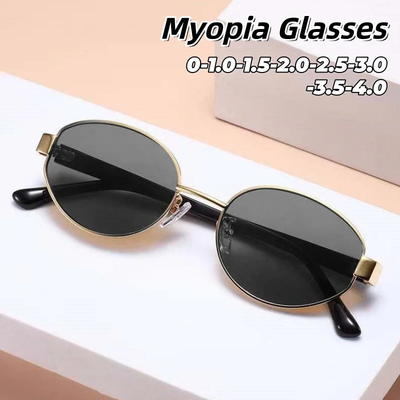 New Retro Metal Oval-shaped Sunglasses Man High-end Myopia Glasses for Women Outdoor Activities Ultraviolet-proof 0 To -4.0
