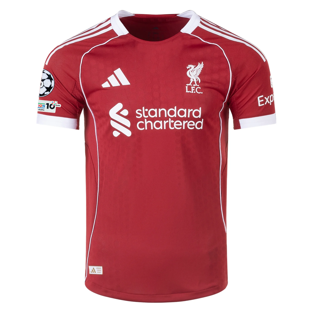 adidas Men's Liverpool FC Authentic Leoni Home Jersey 25/26 w/ Champions League Patches (Strawberry Red)