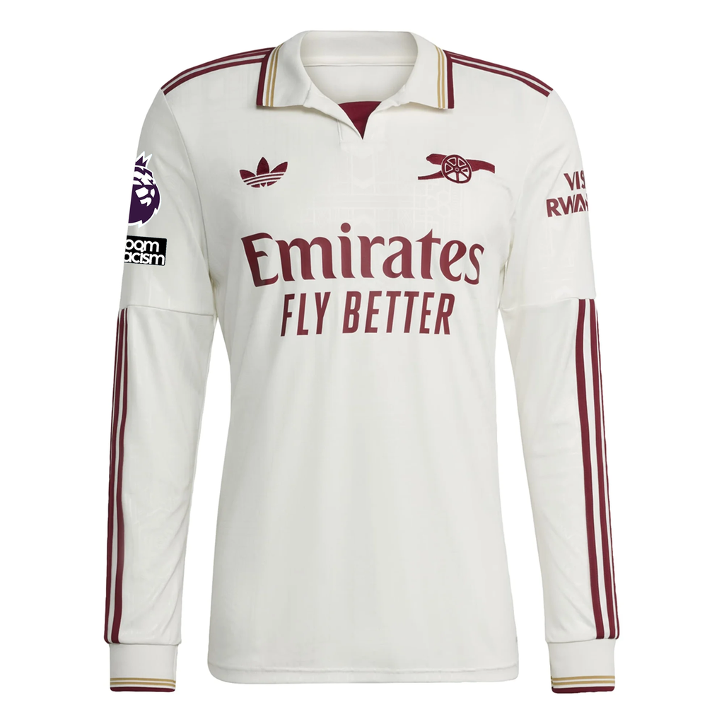 adidas Arsenal Declan Rice Third Long Sleeve Jersey w/ EPL + No Room For Racism 25/26 (White/Burgundy)